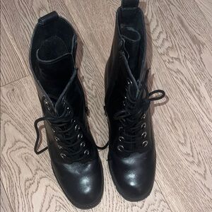 Dune London Black Combat Boots with Lace-Up Design and Smooth Leather Finish